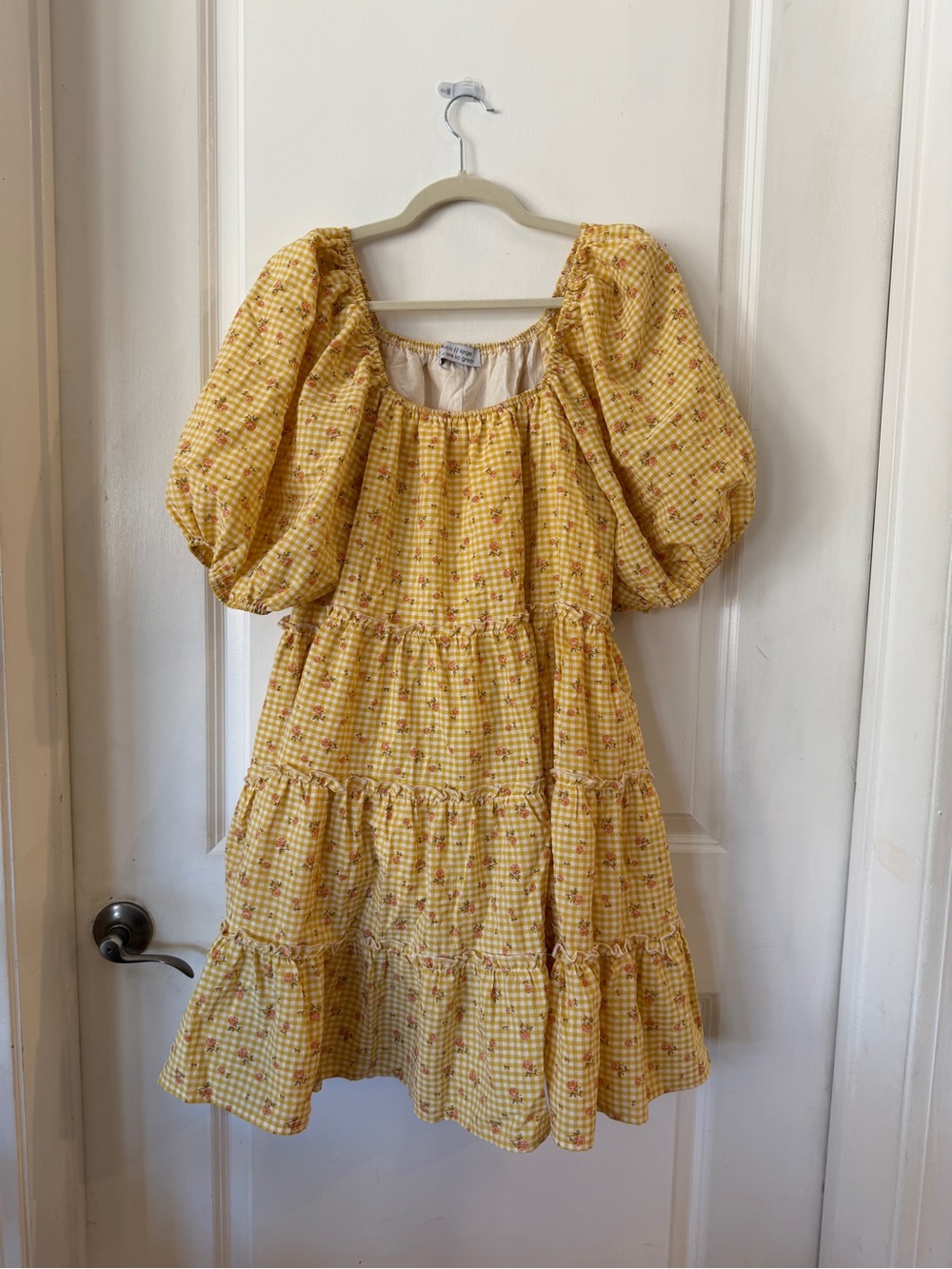 Yellow Gingham Puff-Sleeve Tiered Mini Dress
